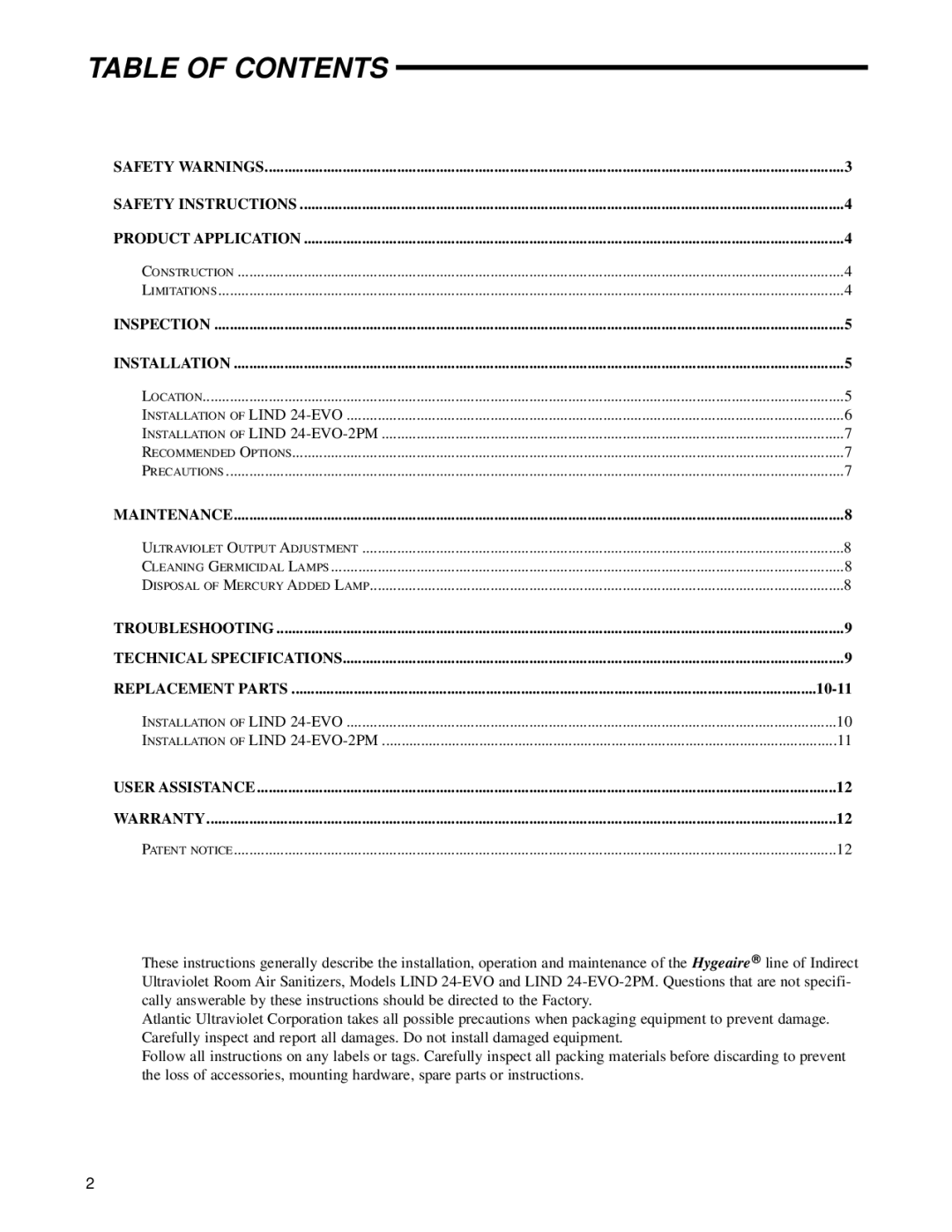 UltraViolet Devices Air Disinfection manual Table of Contents 