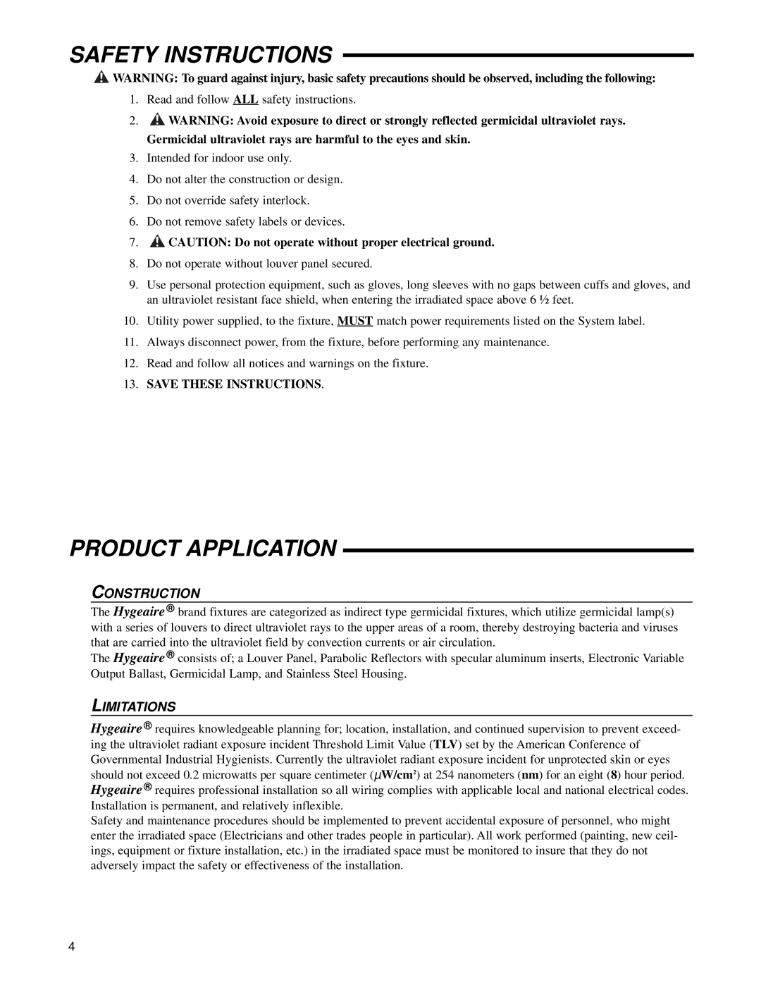 UltraViolet Devices Air Disinfection manual Safety Instructions, Product Application, Construction, Limitations 