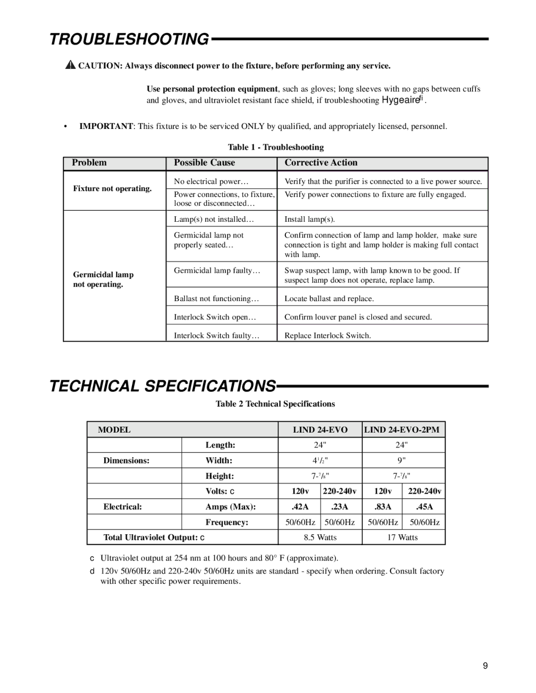 UltraViolet Devices Air Disinfection manual Troubleshooting, Technical Specifications 