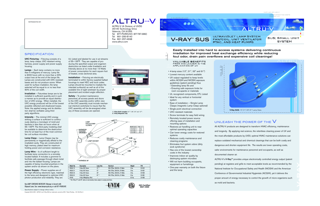 UltraViolet Devices Ultravoilet Lamp System warranty V-Ray Sus, Tel 877-PUREUVC 877-787-3882 Tel 