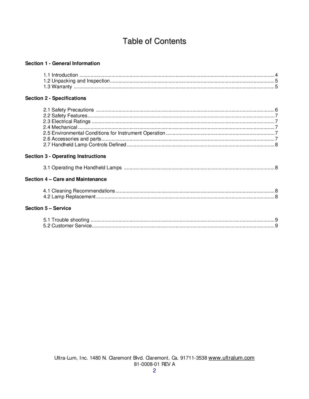 UltraViolet Devices UVB, UVA, UVC manual Table of Contents 