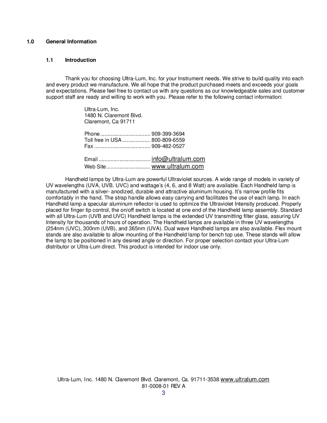 UltraViolet Devices UVA, UVC, UVB manual Info@ultralum.com, General Information Introduction 