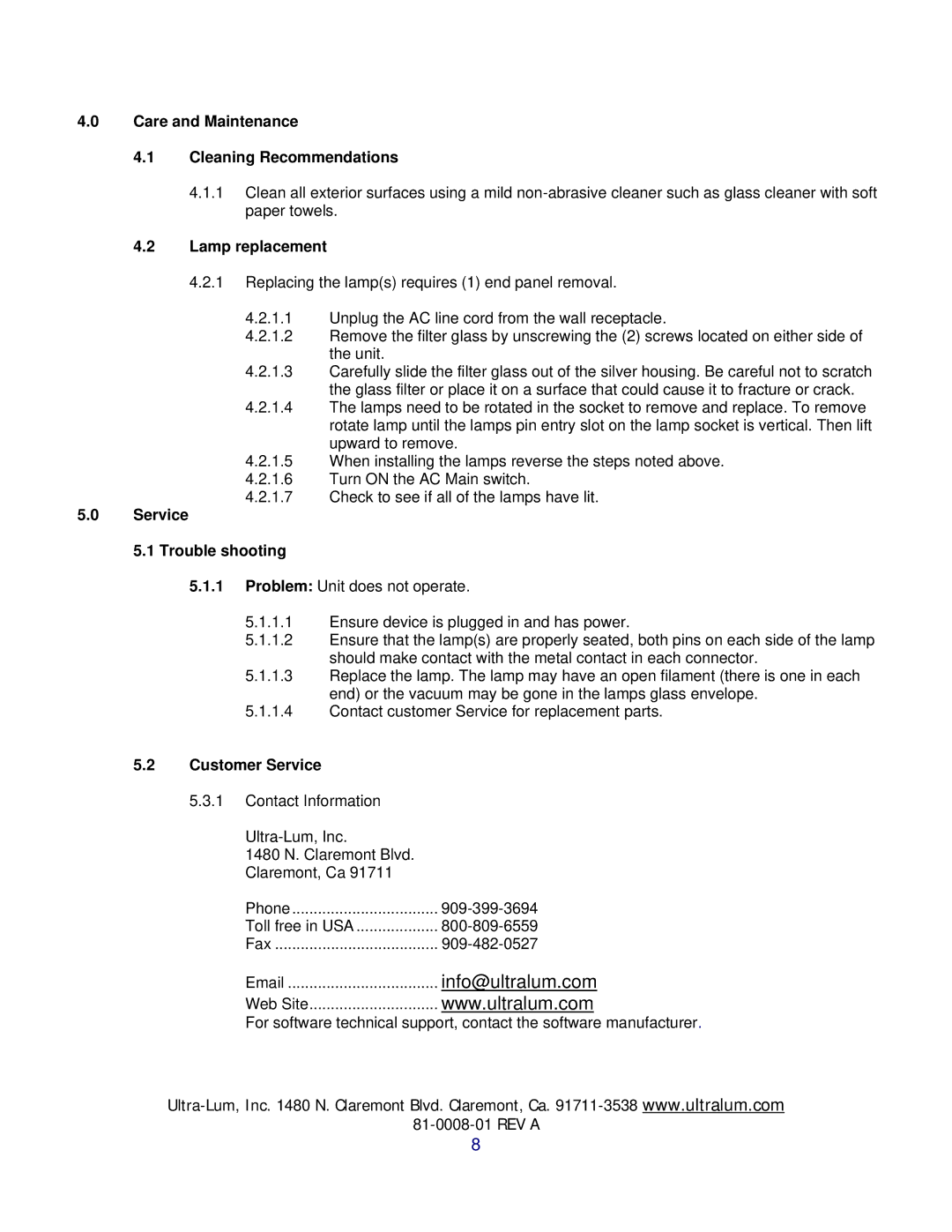 UltraViolet Devices UVB, UVA, UVC Care and Maintenance Cleaning Recommendations, Lamp replacement, Service Trouble shooting 