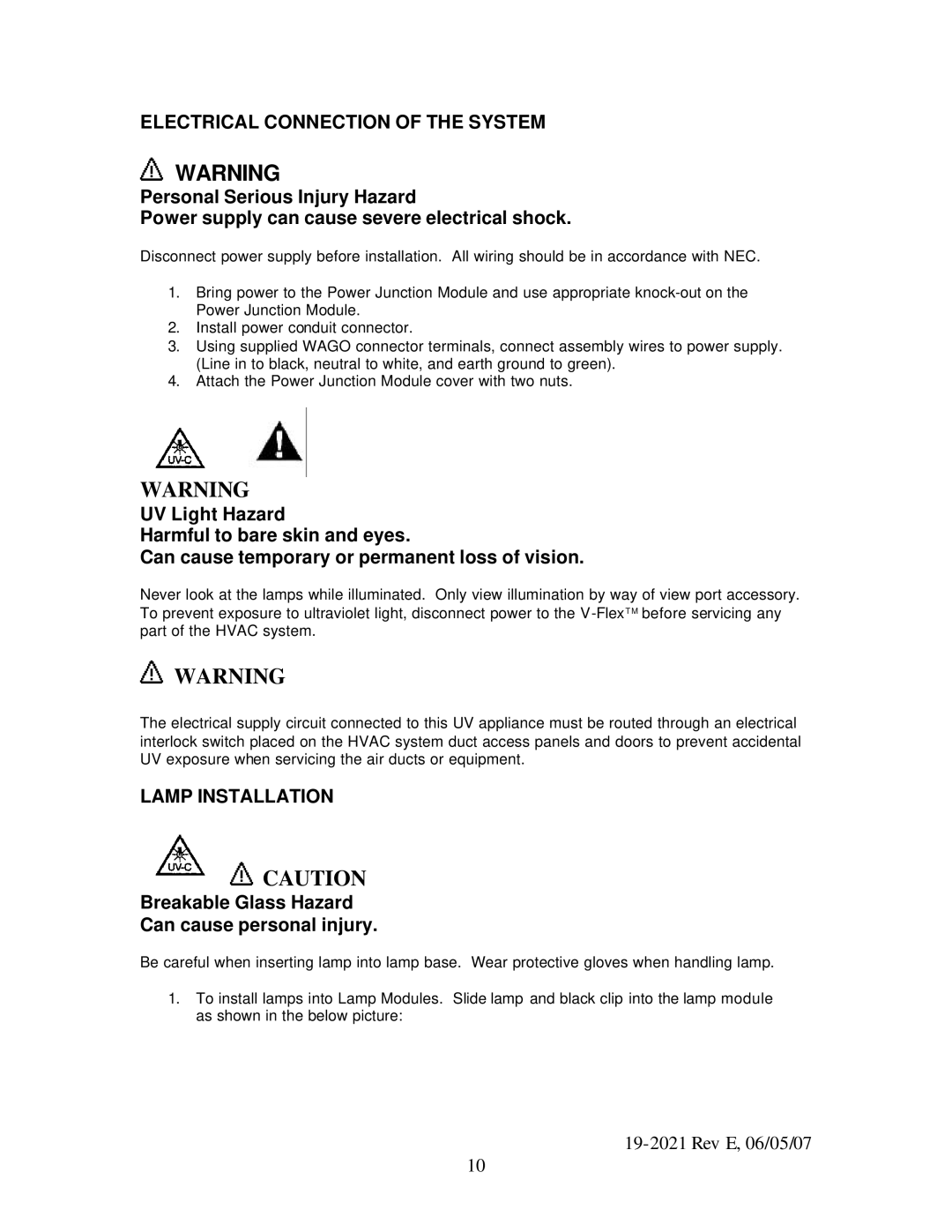 UltraViolet Devices V-Flex specifications Electrical Connection of the System, Lamp Installation 