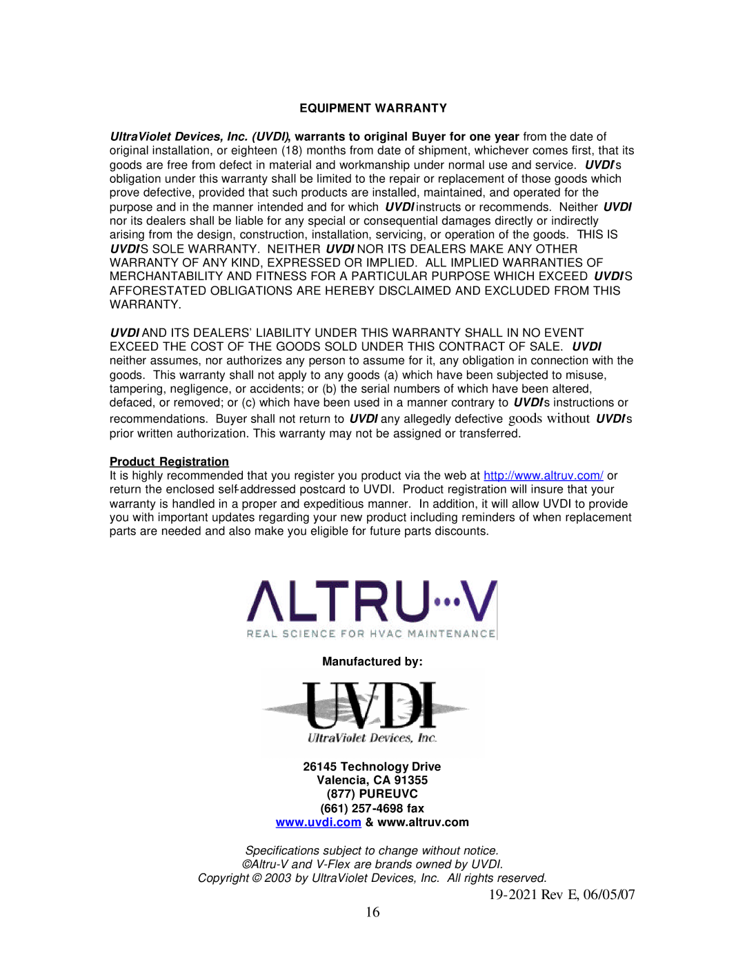 UltraViolet Devices V-Flex specifications Equipment Warranty, Pureuvc, 661 257-4698 fax 