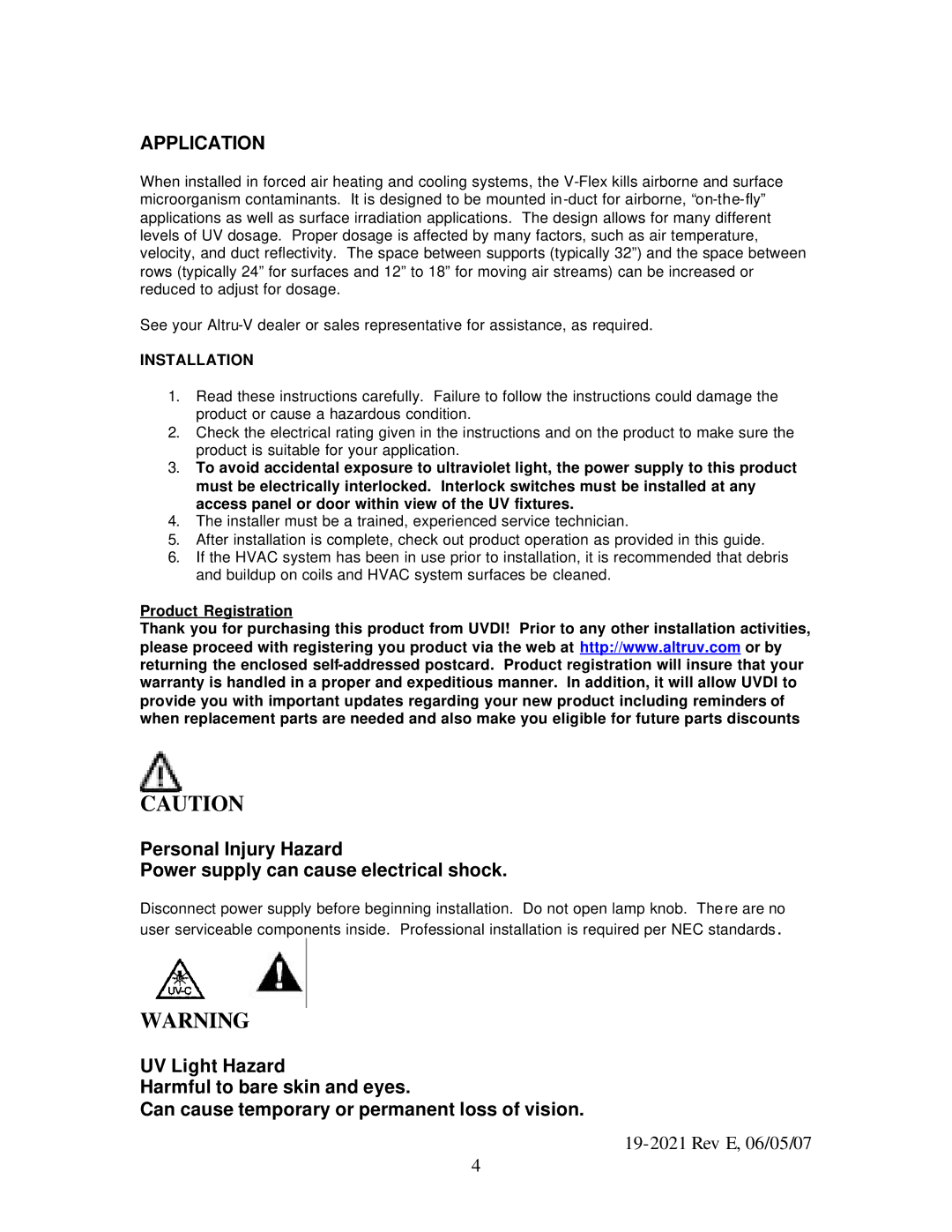 UltraViolet Devices V-Flex specifications Application, Installation, Product Registration 