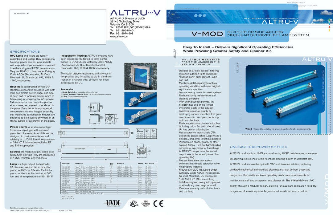 UltraViolet Devices VM-36-120*, MR-96 warranty Built- Up Or Side Access, Modul Ar Ultraviolet L Amp System, Specifications 