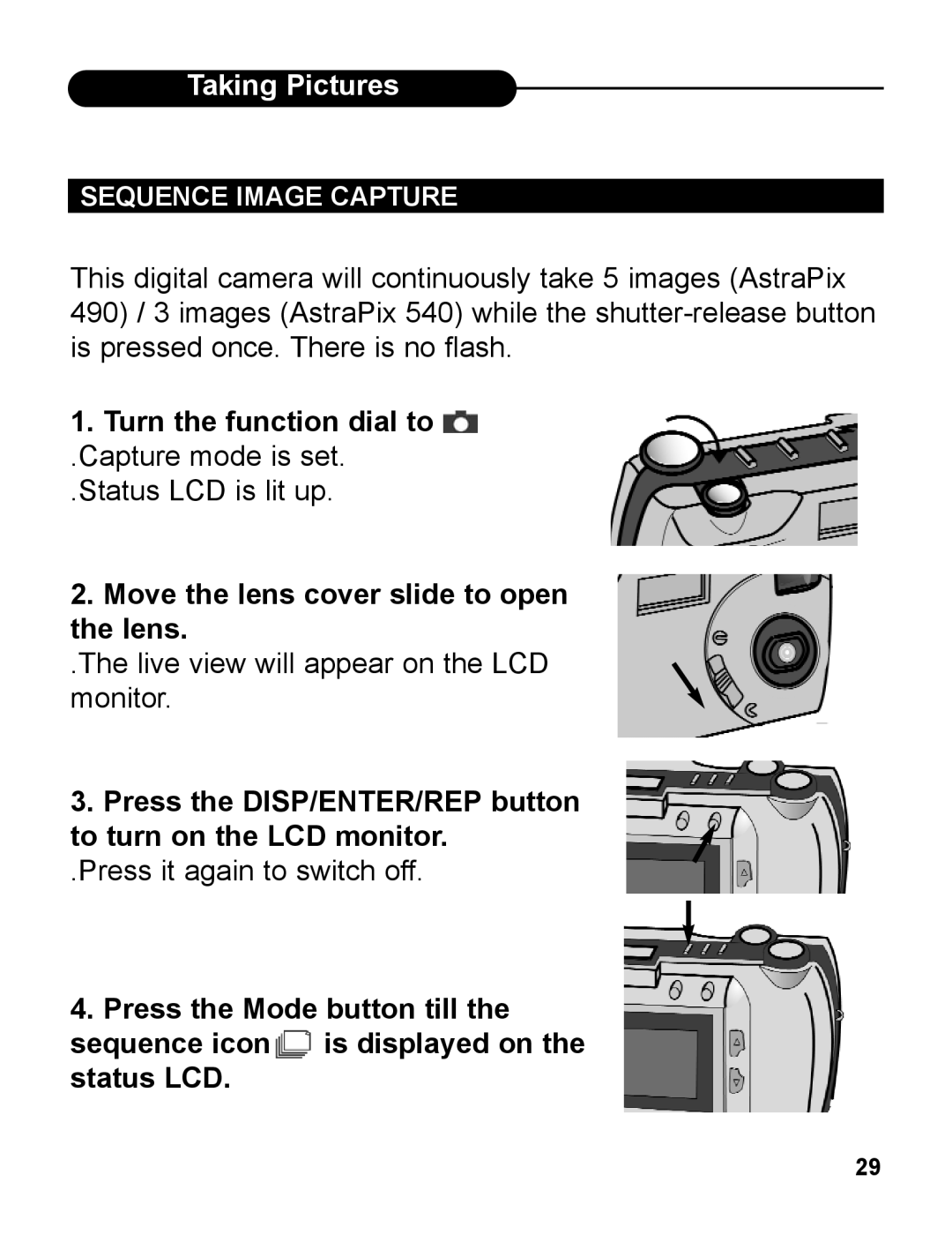 UMAX Technologies 540 user manual Press the DISP/ENTER/REP button to turn on the LCD monitor, Sequence Image Capture 