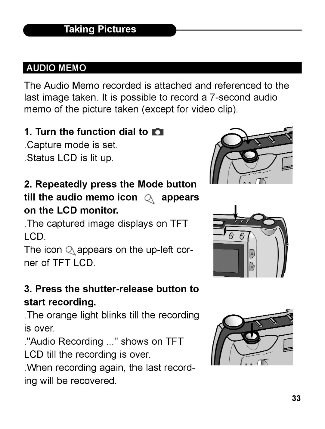 UMAX Technologies 540 user manual Press the shutter-release button to start recording, Audio Memo 