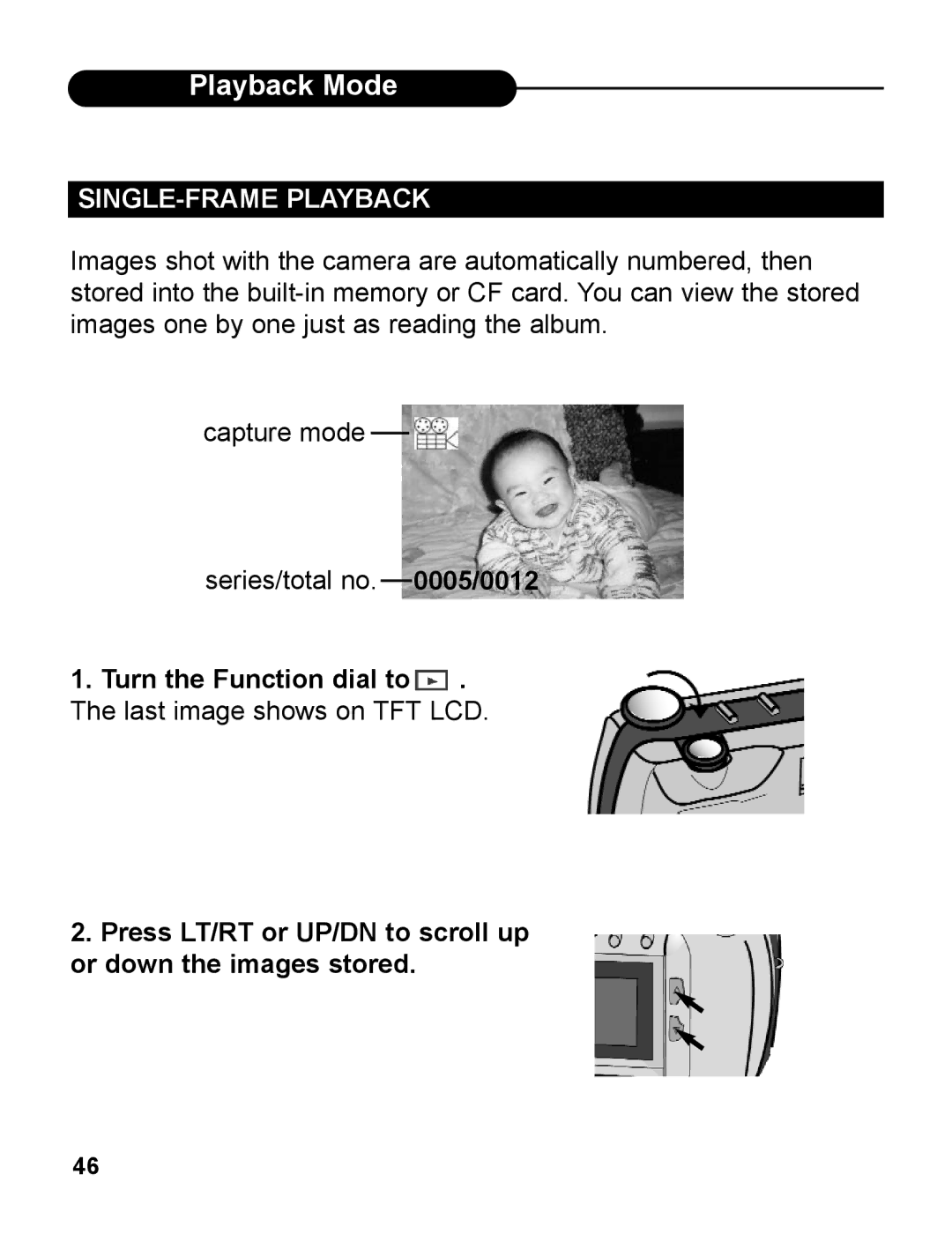 UMAX Technologies 540 Playback Mode, SINGLE-FRAME Playback, Press LT/RT or UP/DN to scroll up or down the images stored 