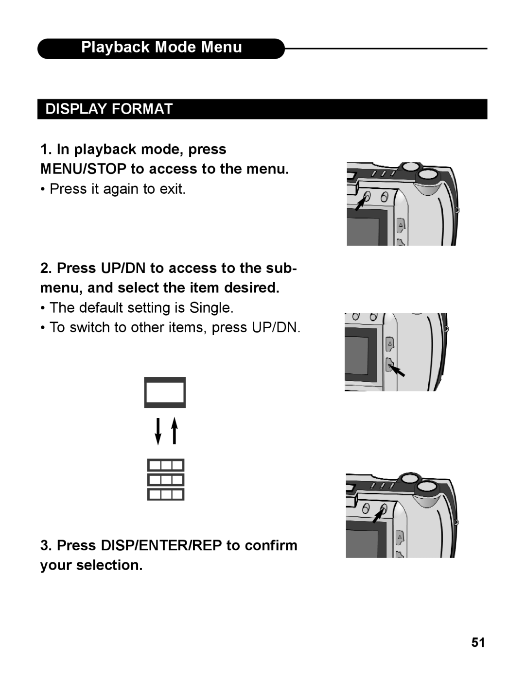 UMAX Technologies 540 user manual Playback Mode Menu, Display Format, Playback mode, press MENU/STOP to access to the menu 