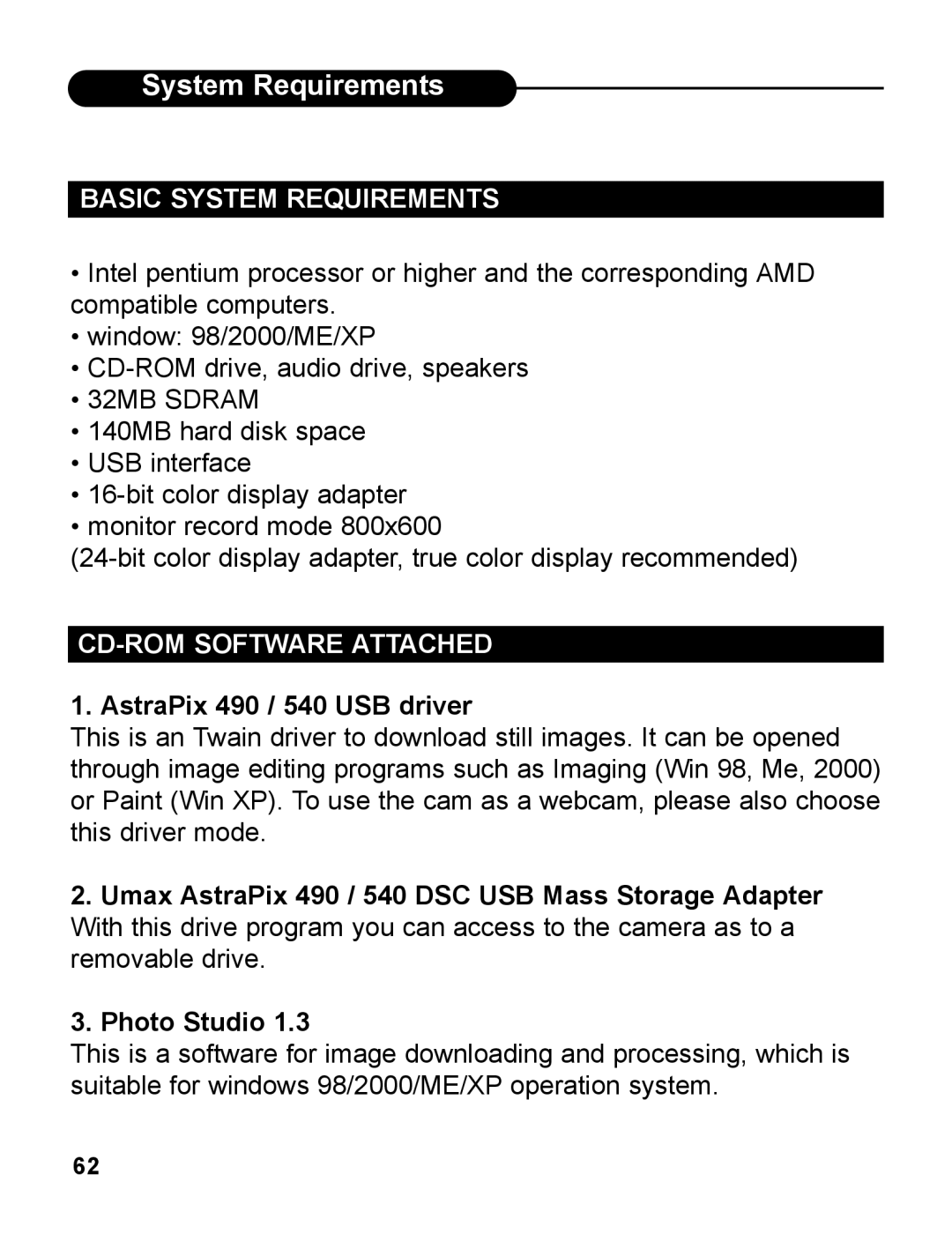 UMAX Technologies Basic System Requirements, CD-ROM Software Attached, AstraPix 490 / 540 USB driver, Photo Studio 