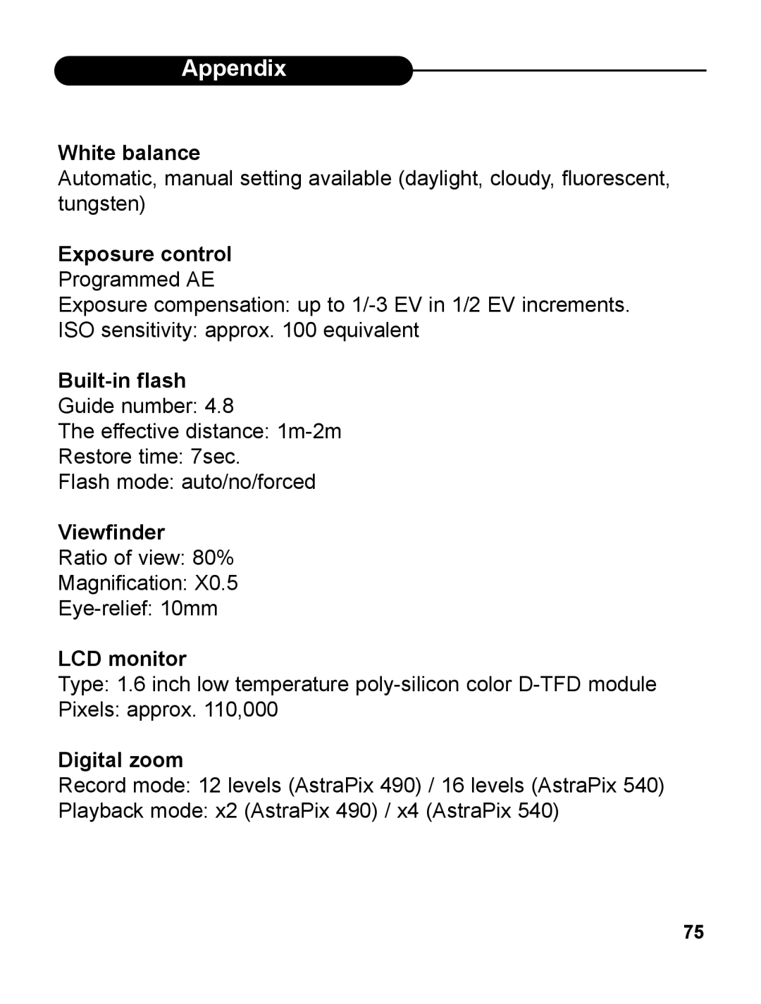 UMAX Technologies 540 user manual White balance, Exposure control, Built-in flash, Digital zoom 