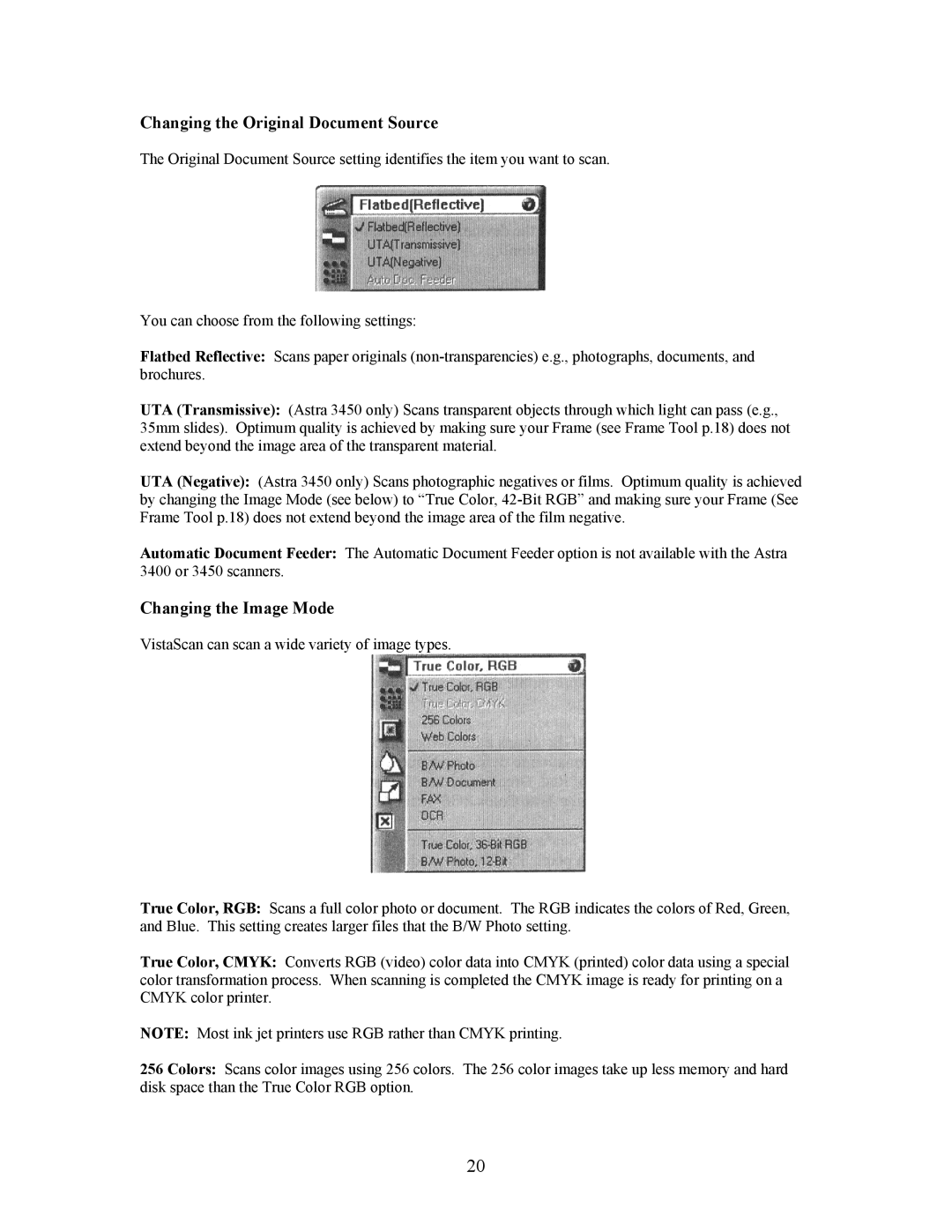 UMAX Technologies Astra 3400, 3450 owner manual Changing the Original Document Source, Changing the Image Mode 