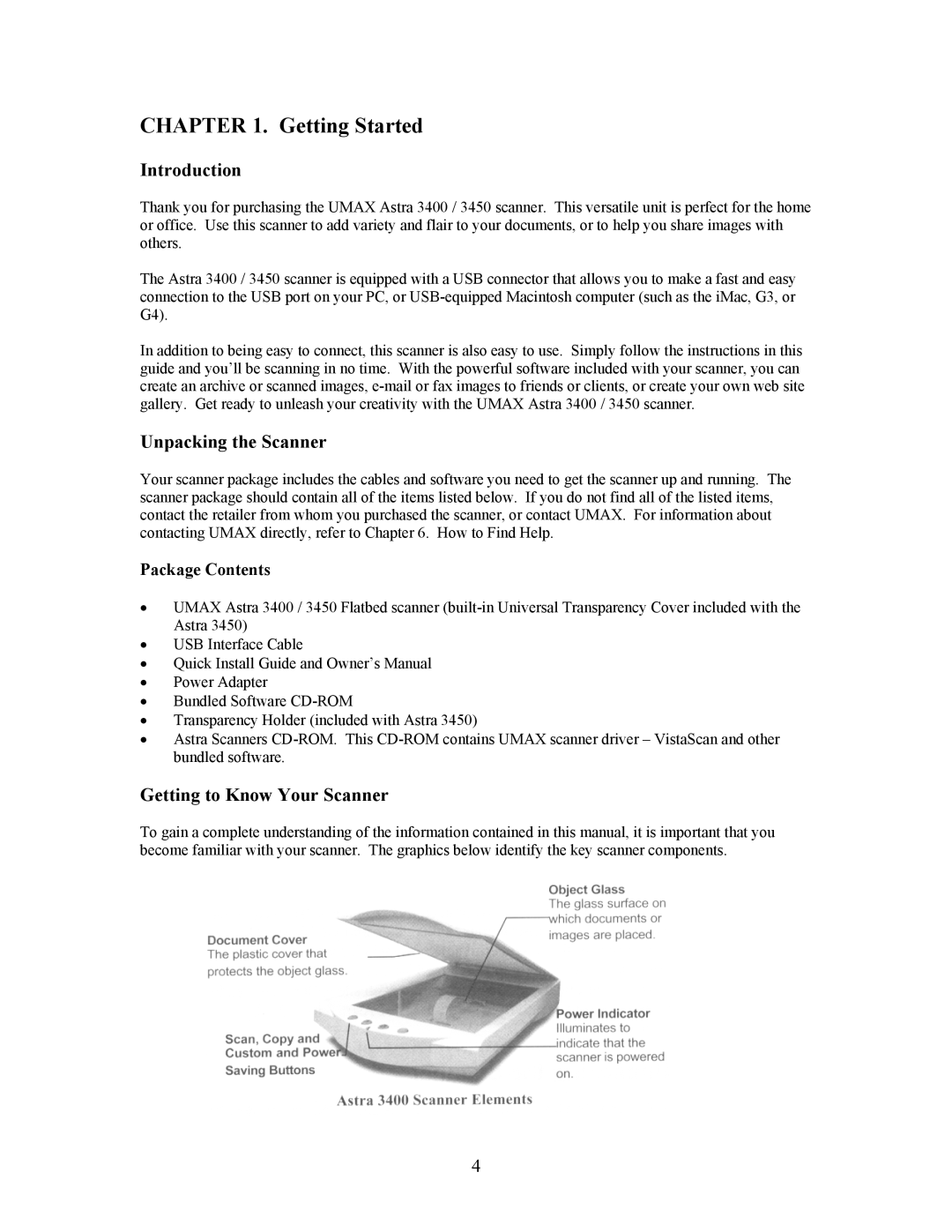 UMAX Technologies Astra 3400, 3450 Introduction, Unpacking the Scanner, Getting to Know Your Scanner, Package Contents 