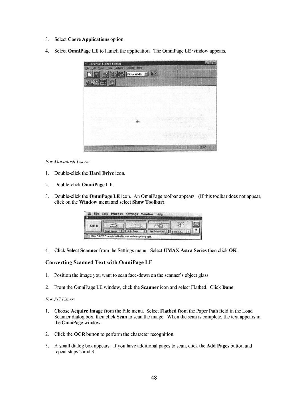 UMAX Technologies Astra 3400, 3450 owner manual Converting Scanned Text with OmniPage LE, Select Caere Applications option 