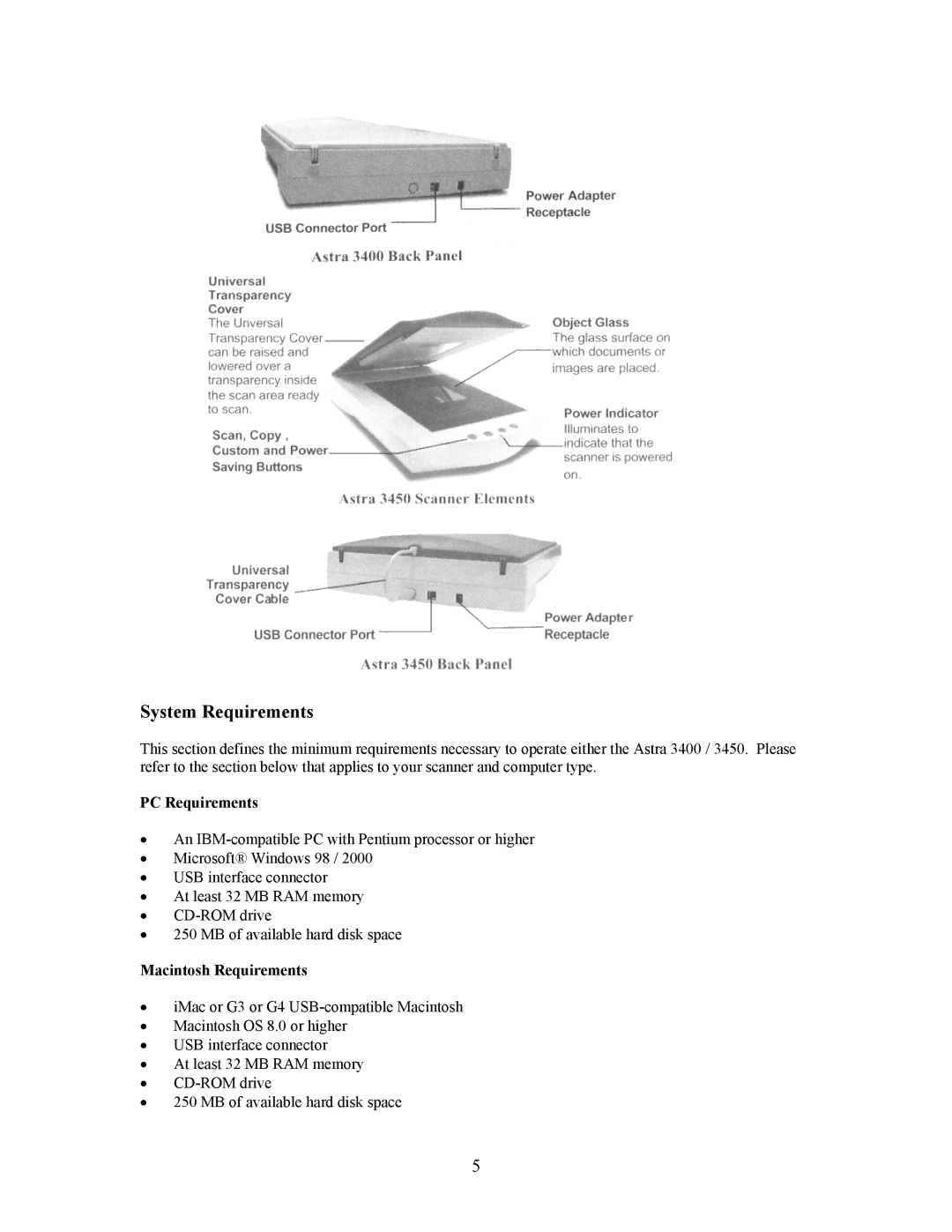 UMAX Technologies 3450, Astra 3400 owner manual System Requirements, PC Requirements, Macintosh Requirements 