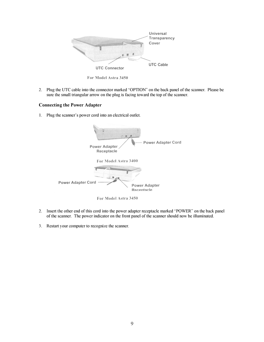 UMAX Technologies 3450, Astra 3400 owner manual Connecting the Power Adapter 