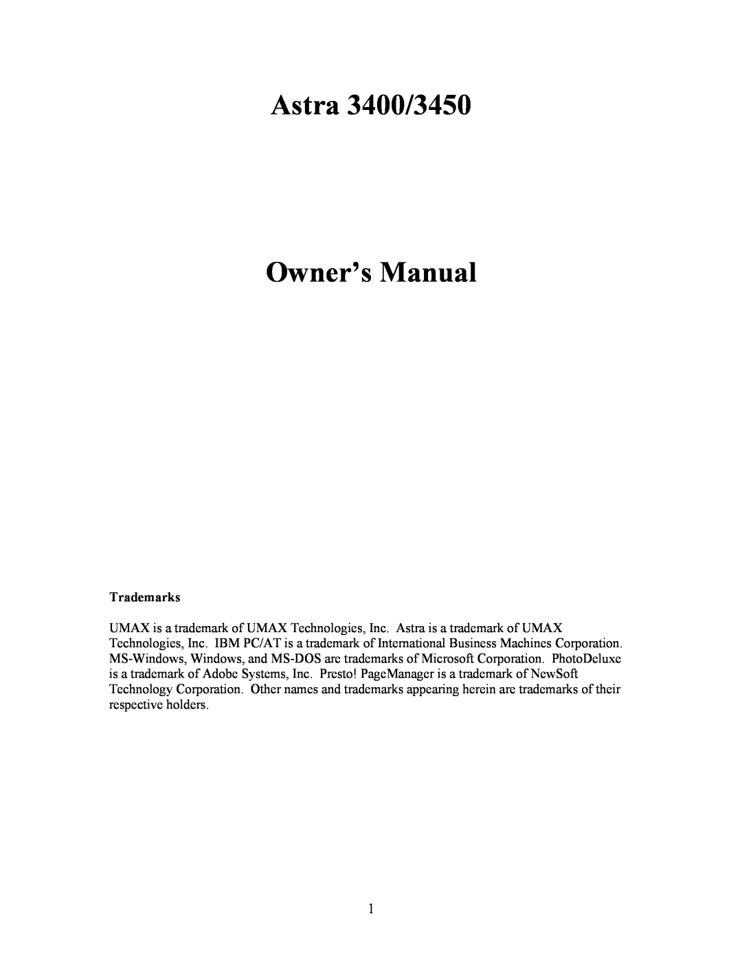 UMAX Technologies owner manual Trademarks, Astra 3400/3450 Owner’s Manual 