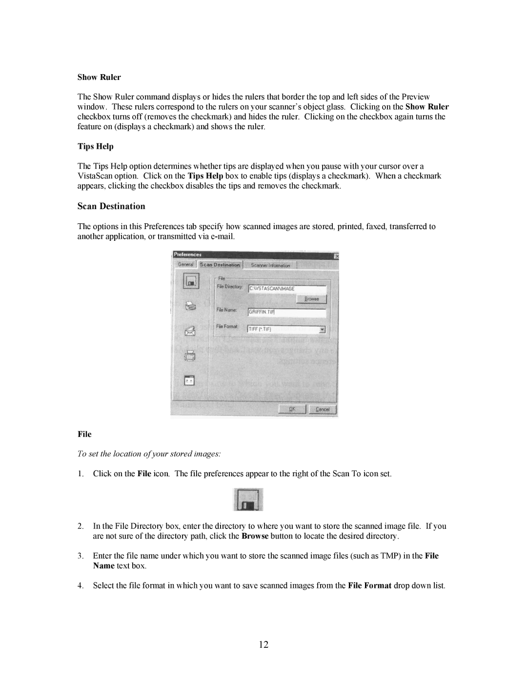 UMAX Technologies Astra 4000 manual Scan Destination, Show Ruler, Tips Help, File 