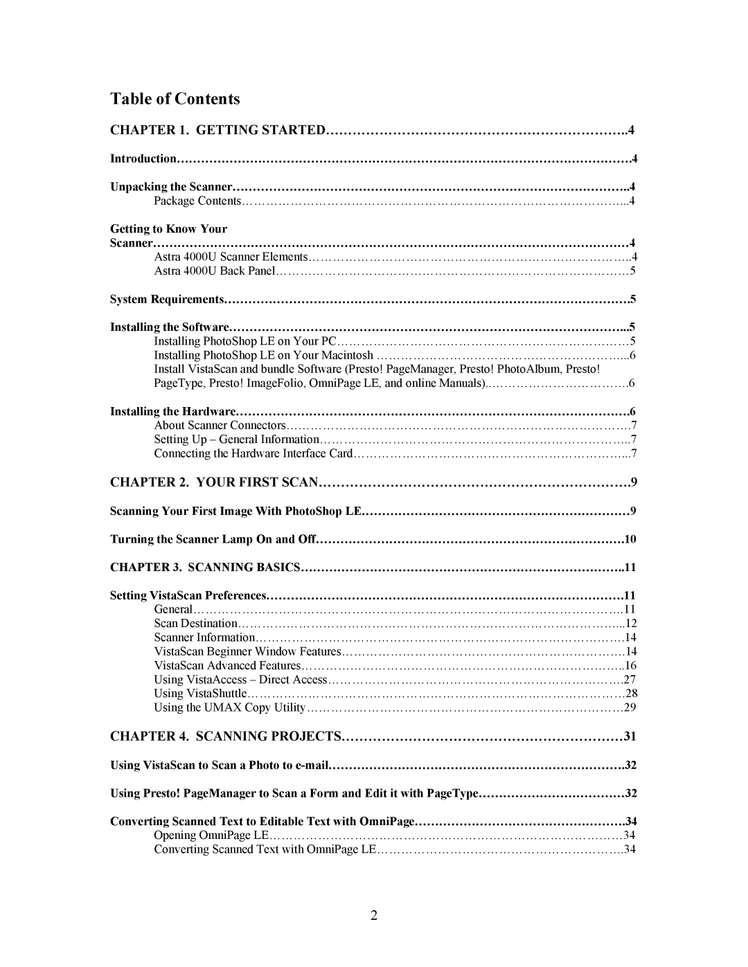 UMAX Technologies Astra 4000 manual Table of Contents 