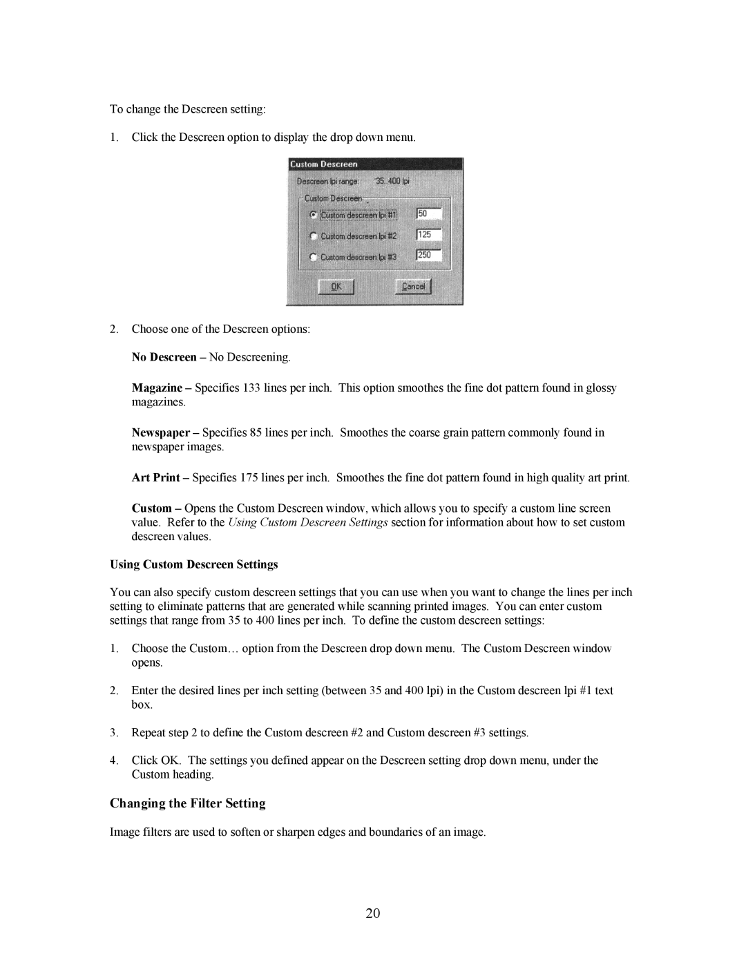 UMAX Technologies Astra 4000 manual Changing the Filter Setting, Using Custom Descreen Settings 