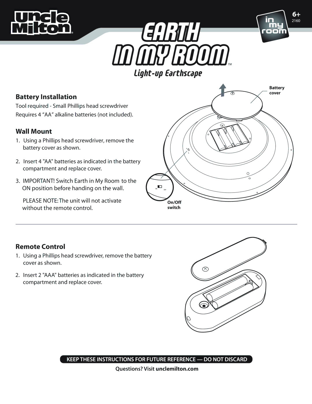 Uncle Milton Industries 2160 manual Battery Installation, Wall Mount, Remote Control 