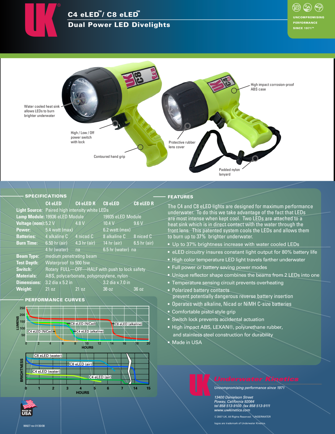 Underwater Kinetics C8 E LED specifications C4 eLED / C8 eLED Dual Power LED Divelights 