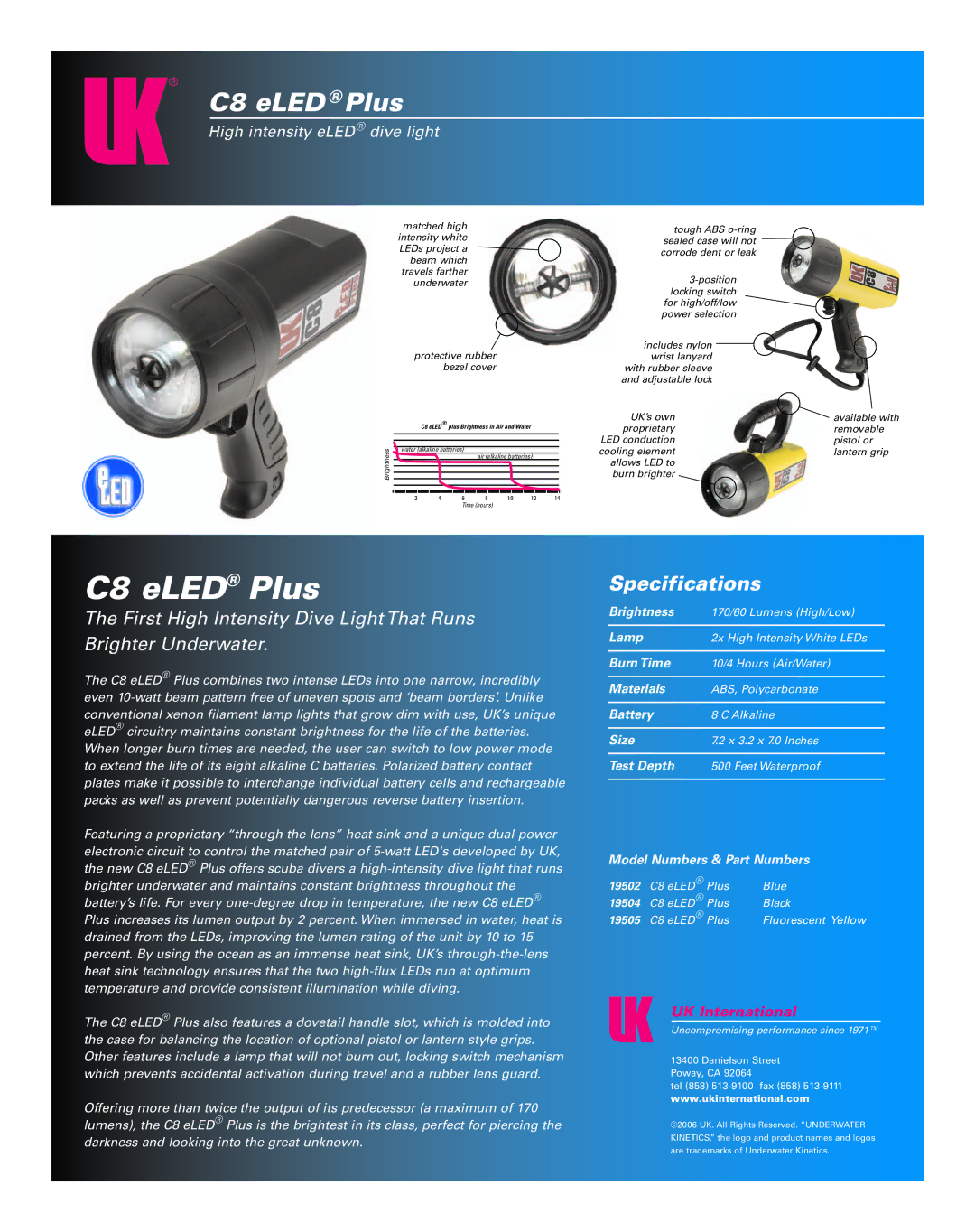 Underwater Kinetics C8 eLED Plus specifications Specifications, High intensity eLED dive light, UK International 