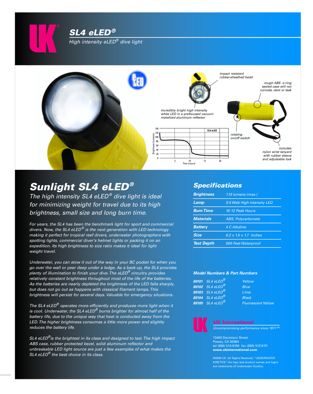 Underwater Kinetics specifications Sunlight SL4 eLED, Specifications, High intensity eLED dive light, UK International 