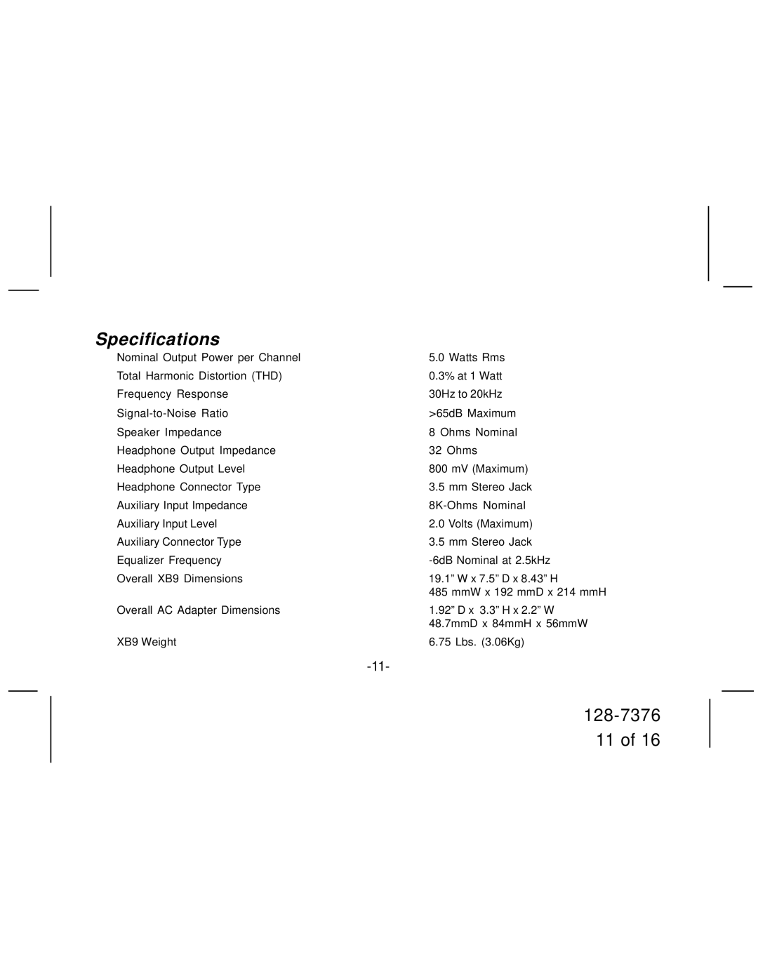 Underwater Kinetics 128-7376, XB9 manual Specifications 