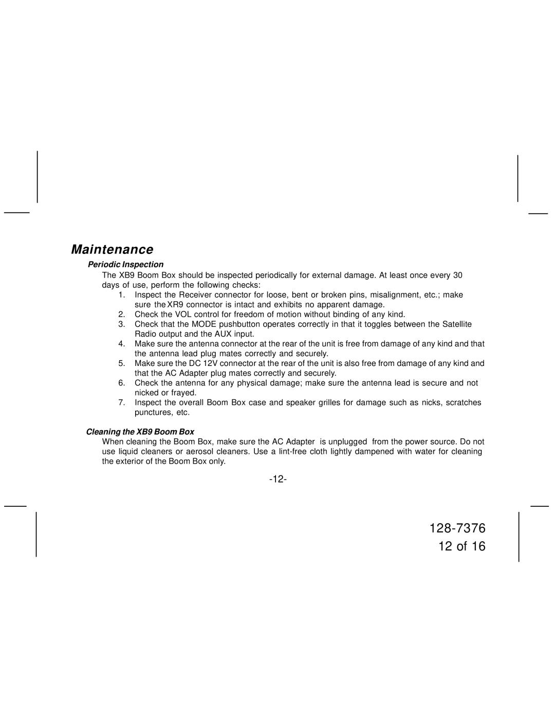 Underwater Kinetics 128-7376 manual Maintenance, Periodic Inspection, Cleaning the XB9 Boom Box 