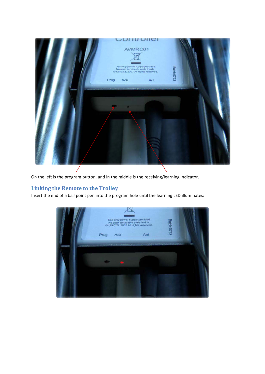 Unicol Wireless Remote Control manual Linking the Remote to the Trolley 