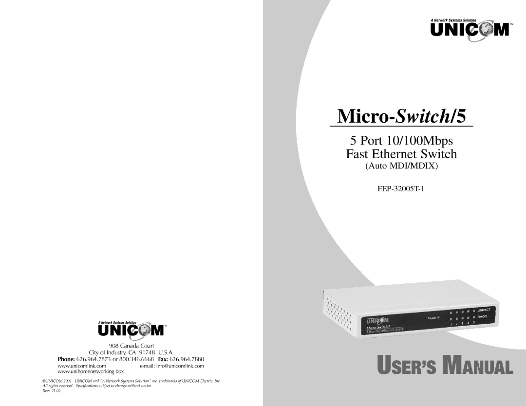 UNICOM Electric specifications Micro-Switch/5 