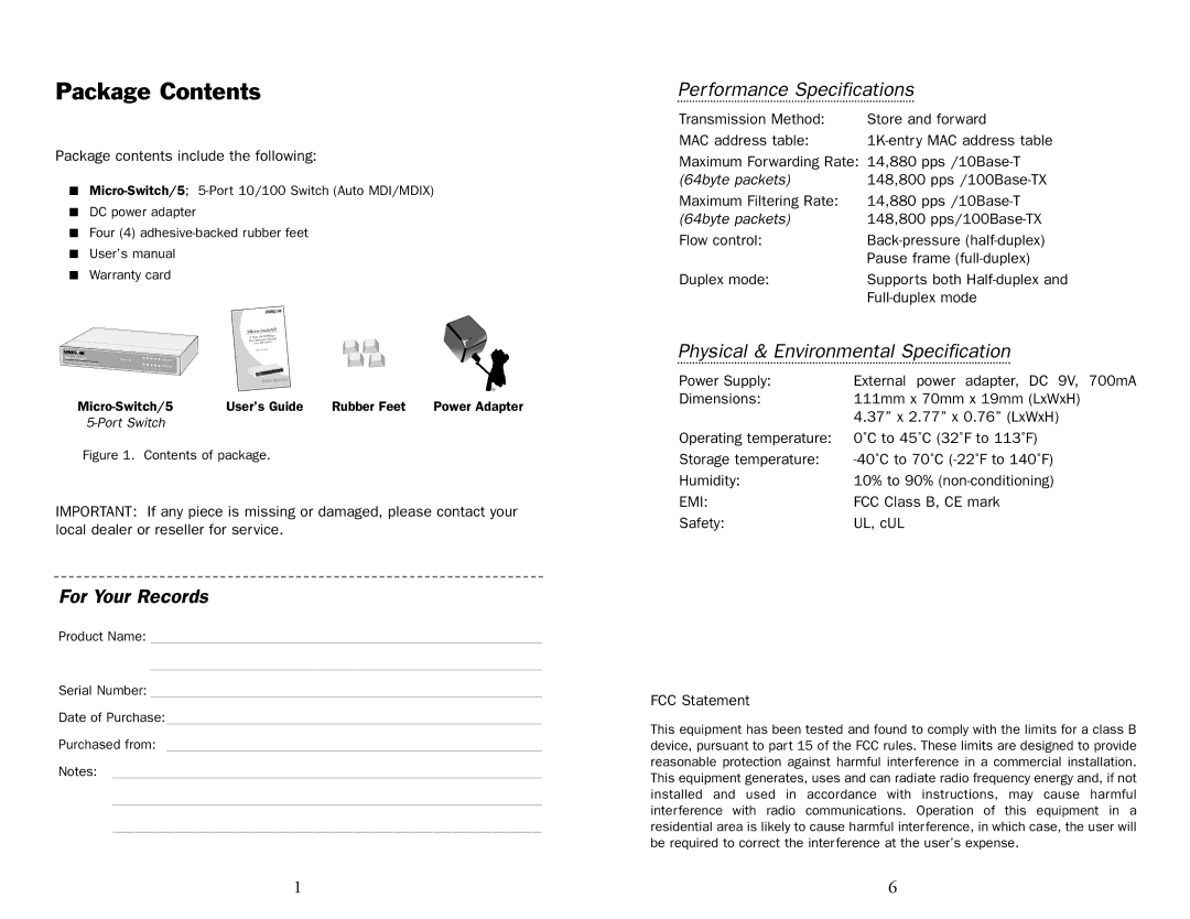 UNICOM Electric 5 specifications Package Contents 