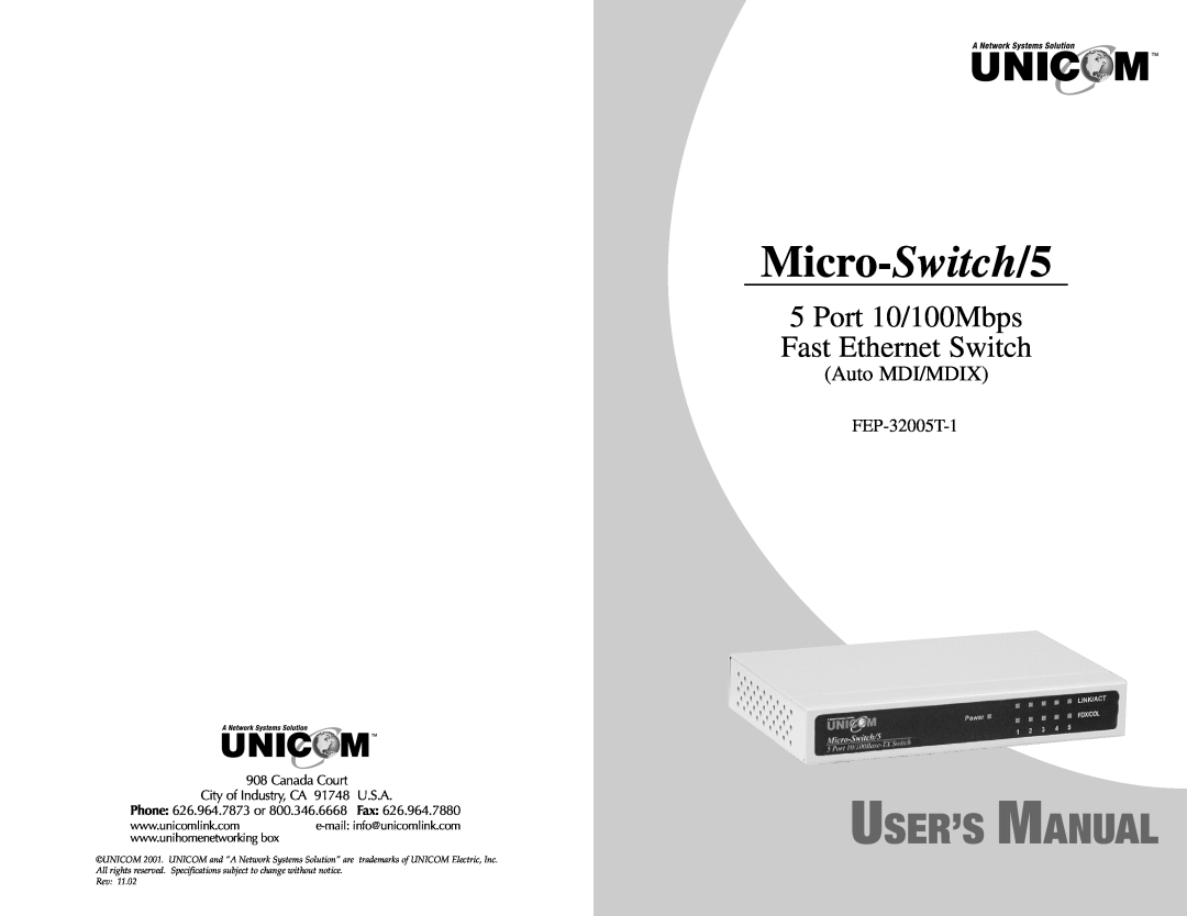UNICOM Electric specifications Micro-Switch/5, User’S Manual, Port 10/100Mbps Fast Ethernet Switch, Auto MDI/MDIX 