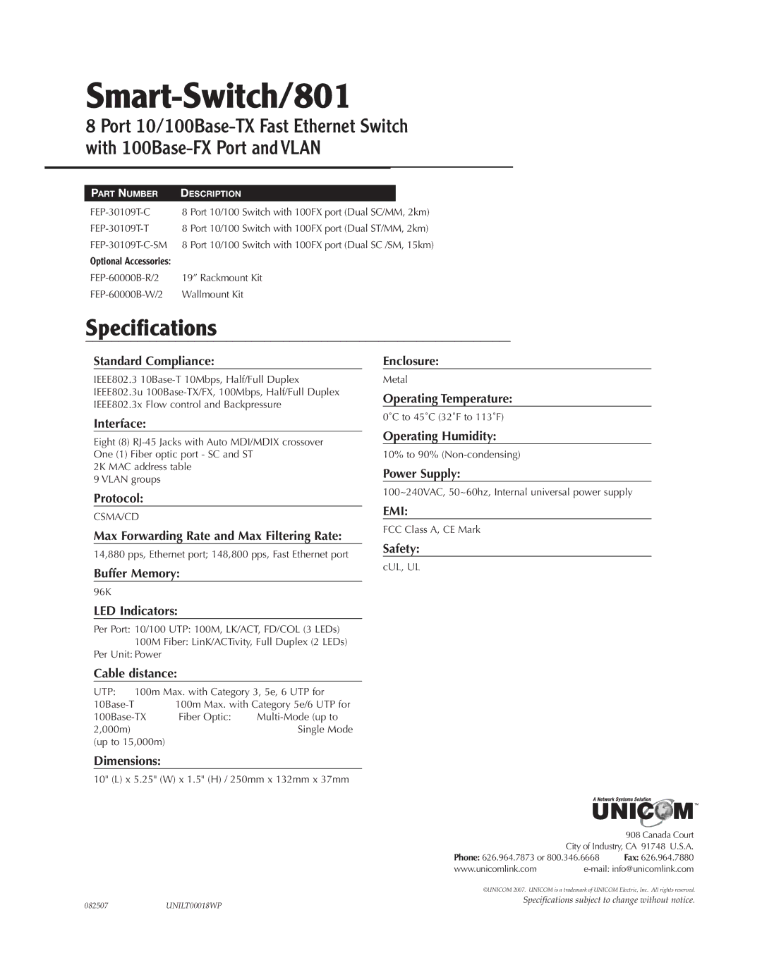 UNICOM Electric 801 specifications Standard Compliance, Interface, Protocol, Max Forwarding Rate and Max Filtering Rate 