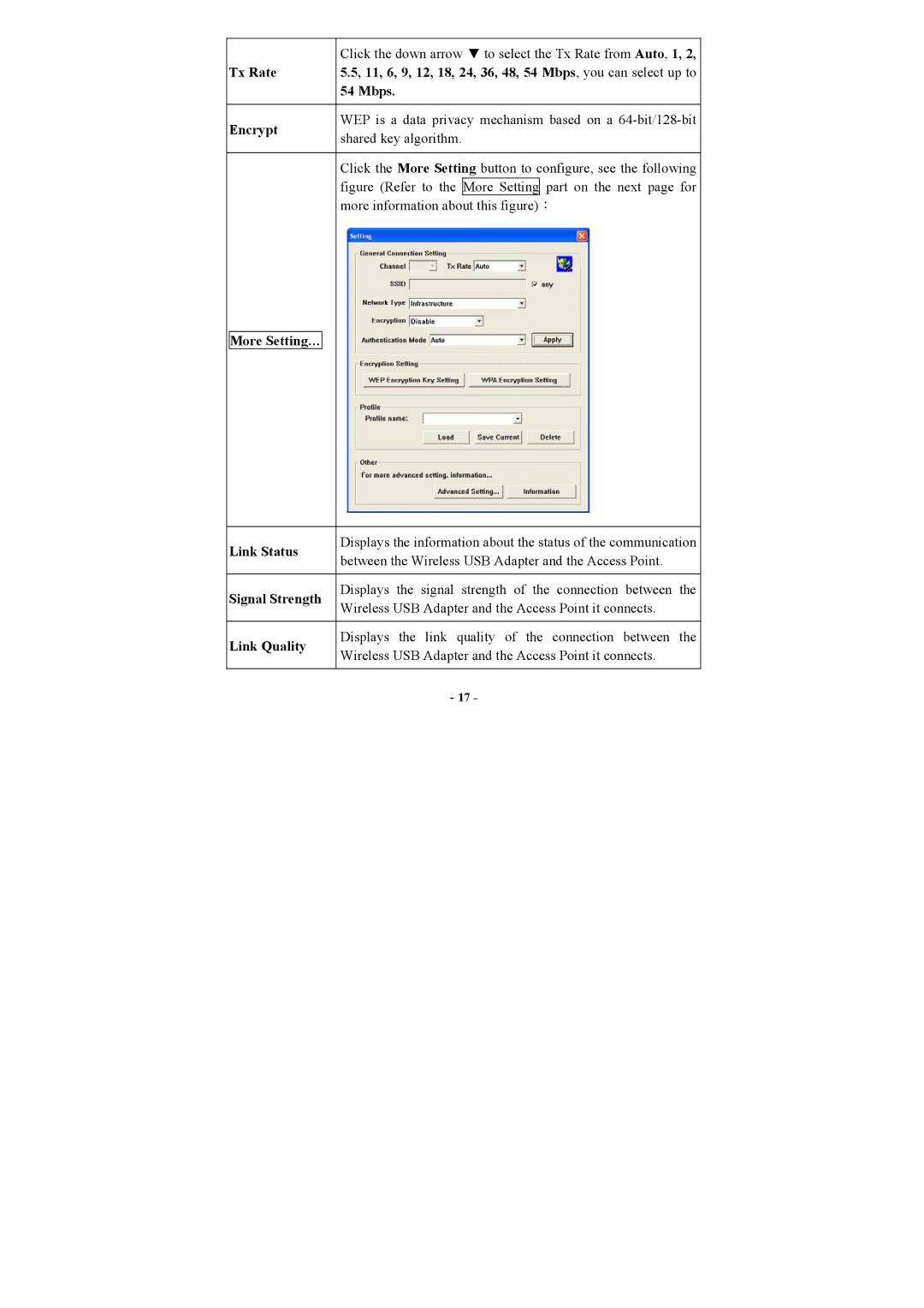 UNICOM Electric 802.11b+g user manual More Setting… Link Status, Signal Strength, Link Quality 