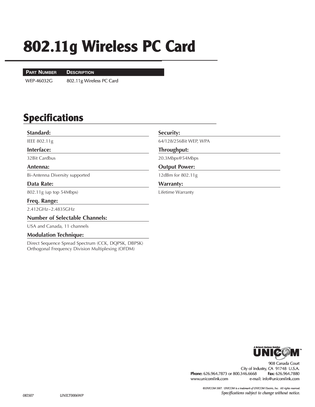 UNICOM Electric specifications 802.11g Wireless PC Card, Specification s 