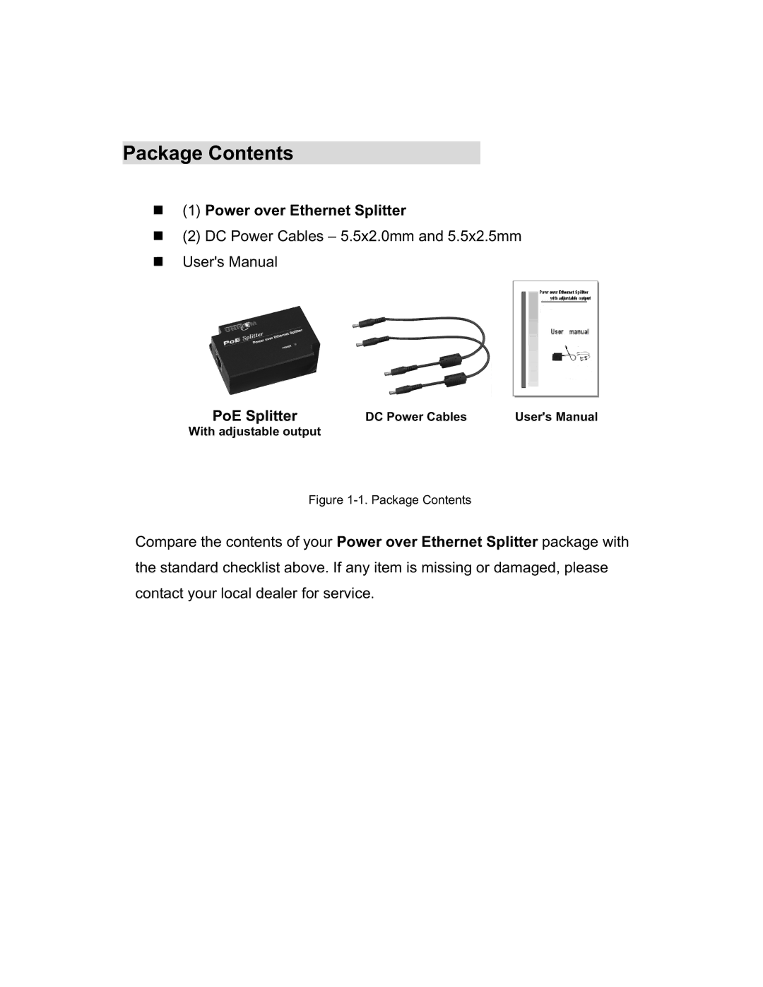 UNICOM Electric 802.3af user manual Package Contents 