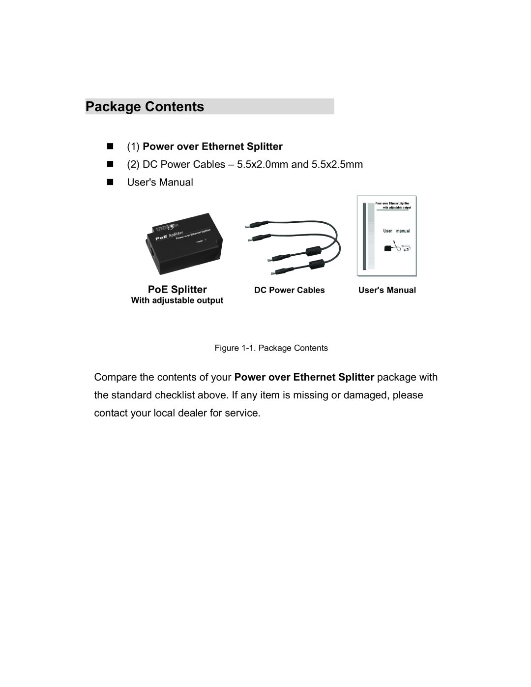 UNICOM Electric 802.3af user manual DC Power Cables, 1.Package Contents, With adjustable output 