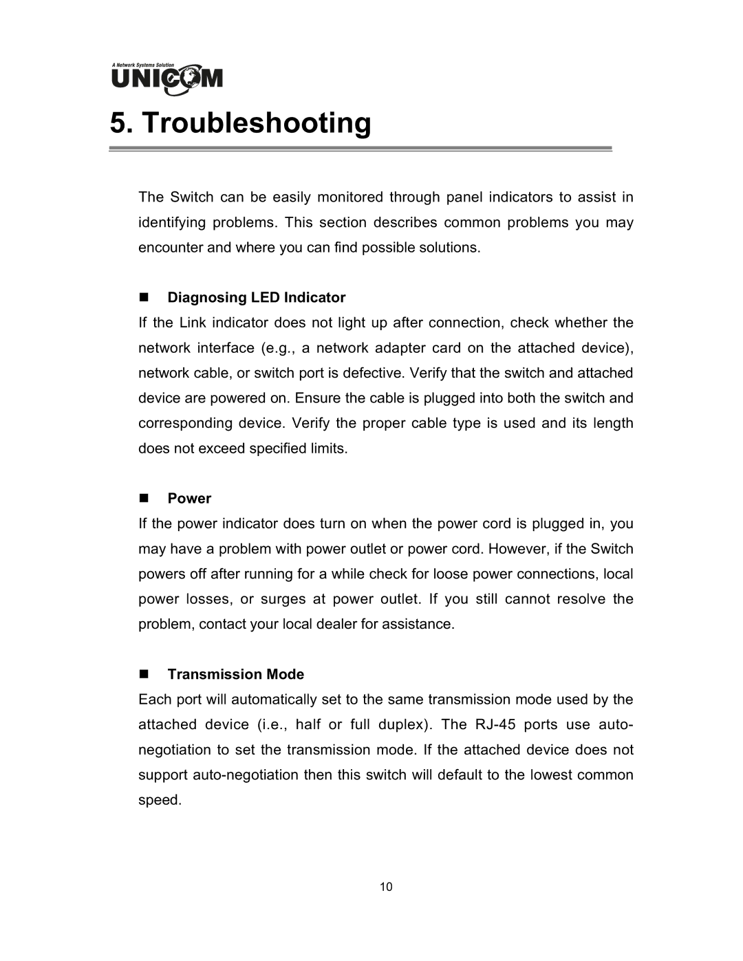 UNICOM Electric DynaGST/1602G user manual Troubleshooting, Diagnosing LED Indicator, Transmission Mode 