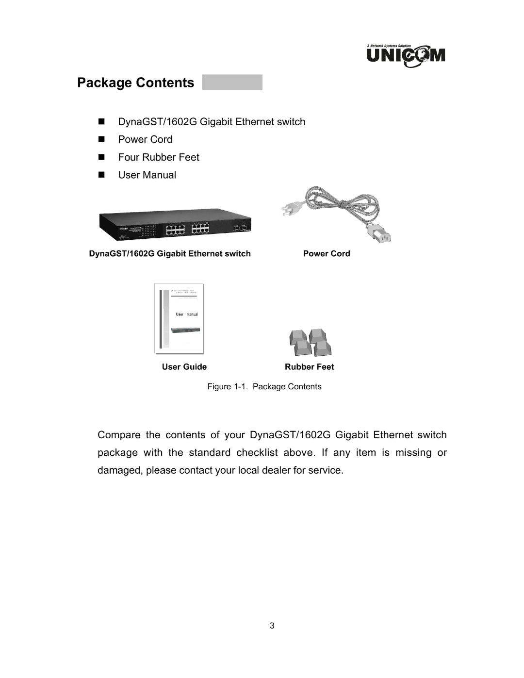 UNICOM Electric DynaGST/1602G user manual Package Contents 