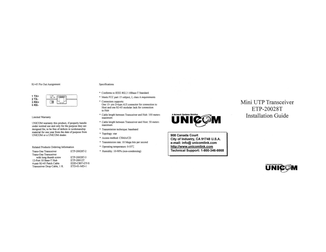 UNICOM Electric ETP-20028T manual 