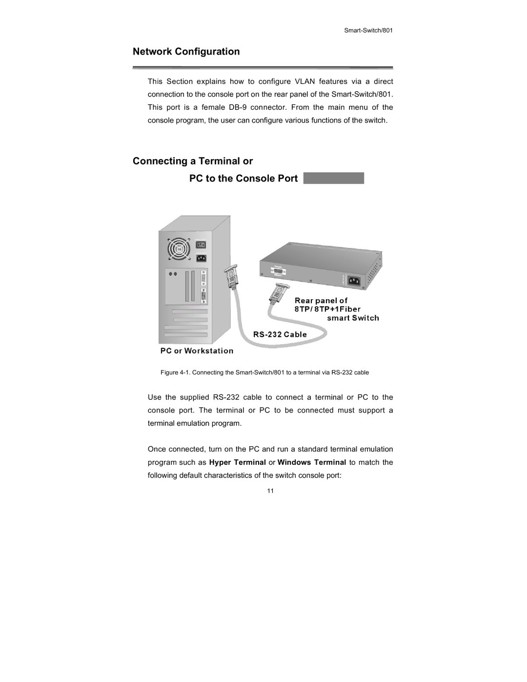 UNICOM Electric FEP-30109T-T, FEP-30109T-C Network Configuration, Connecting a Terminal or PC to the Console Port 