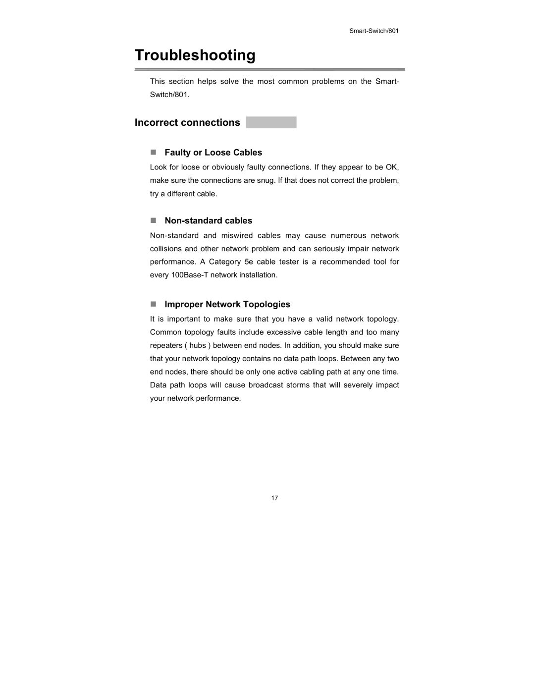 UNICOM Electric FEP-30109T-T Troubleshooting, Incorrect connections, Faulty or Loose Cables, Non-standard cables 