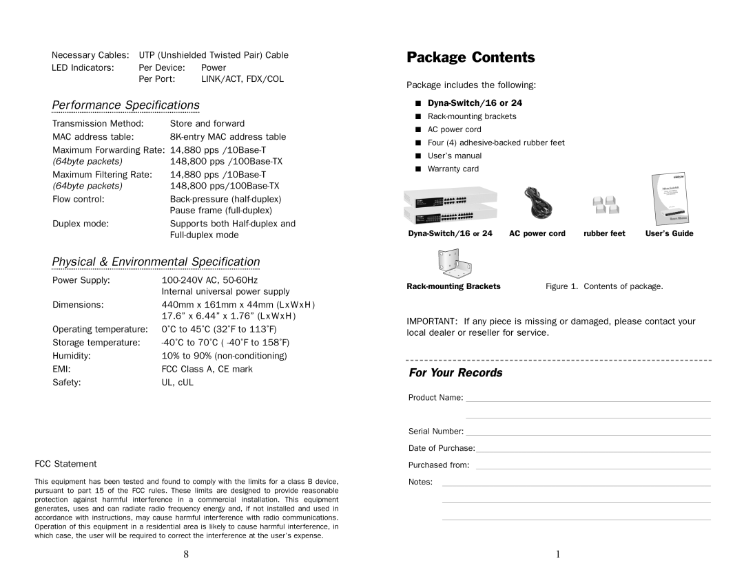 UNICOM Electric FEP-31016T-1, FEP-31024T-1 specifications Package Contents 