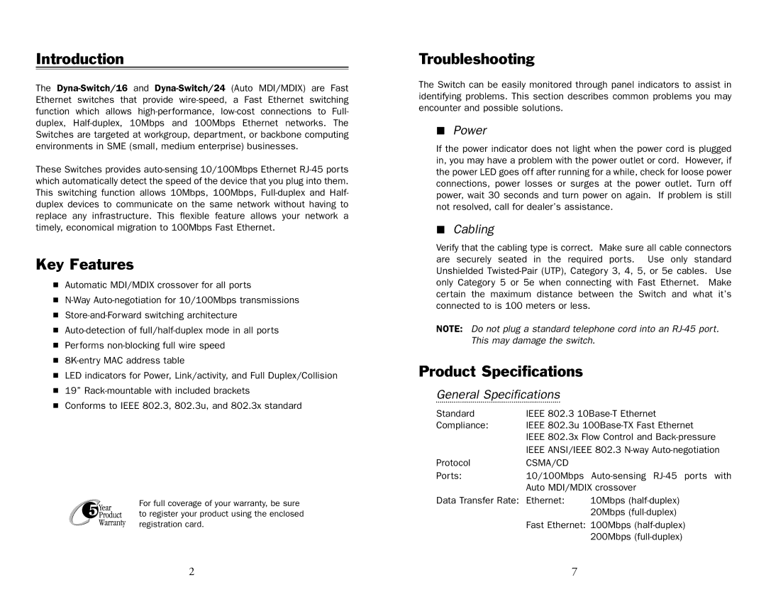 UNICOM Electric FEP-31024T-1, FEP-31016T-1 Introduction, Key Features, Troubleshooting, Product Specifications 