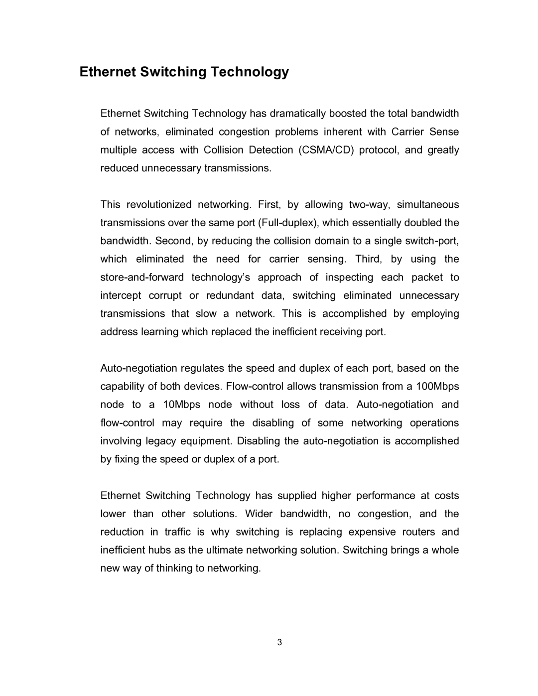 UNICOM Electric fep-31024t-2 specifications Ethernet Switching Technology 