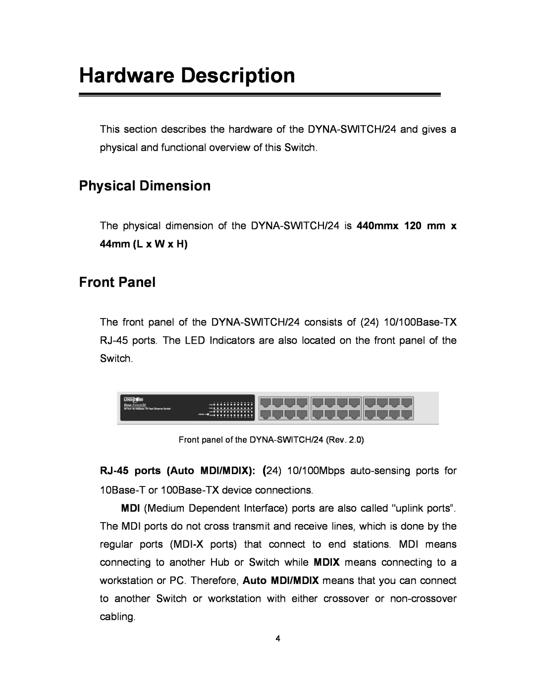 UNICOM Electric fep-31024t-2 specifications Hardware Description, Physical Dimension, Front Panel 
